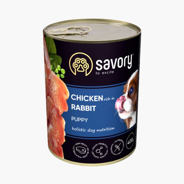 Корм SAVORY вологий повнораціонний для цуценят усіх порід з кроликом та куркою | Корм Сейворі Chiken and Rabbit 400г